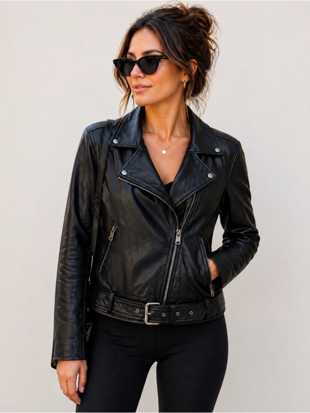 Eloide Faux leather Moto Jacket, black, silver zip, women’s size Large.